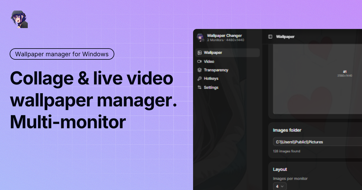 WallpaperChanger managing collage and live video wallpapers across three monitors